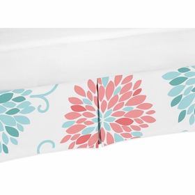 Emma Collection Turquoise and Coral Floral Print Crib Bed Skirt