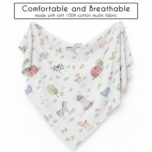 Farm Animals Collection 100% Cotton Muslin Baby Swaddle Receiving Blanket - alt image 4