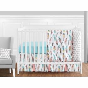 Feather Turquoise and Coral 11 Piece Bumperless Crib Bedding Collection