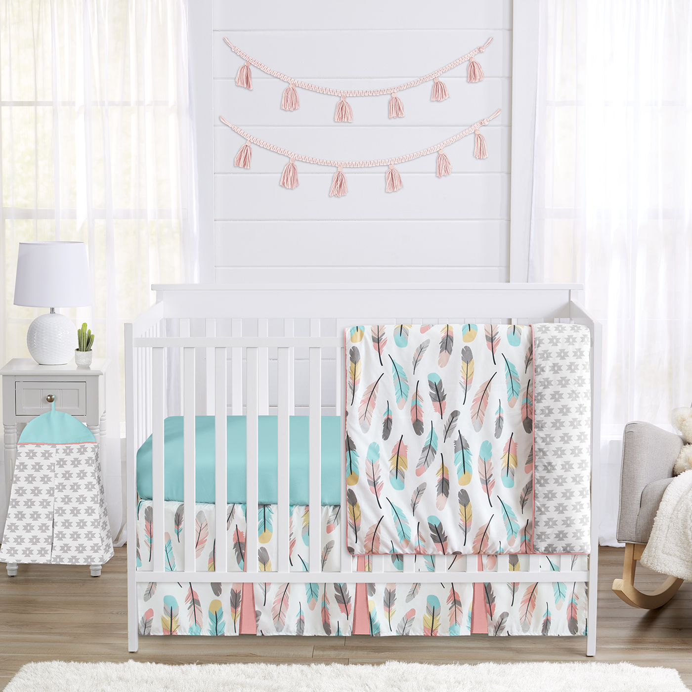Sweet Jojo Designs Feather Baby Girls 4-Piece Crib Bedding Set - Turquoise & Coral Tribal Nursery Decor