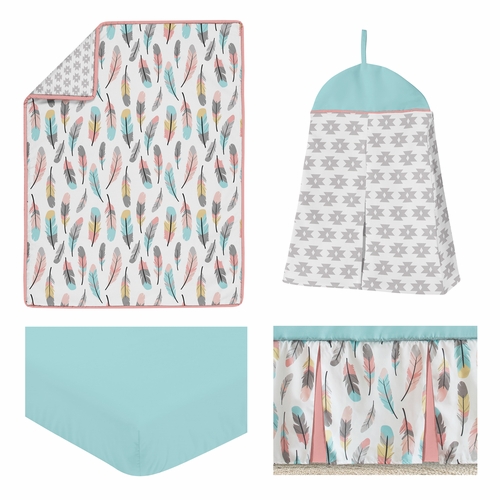 Feather Turquoise and Coral 4 Piece Bumperless Crib Bedding Collection - alt image 1