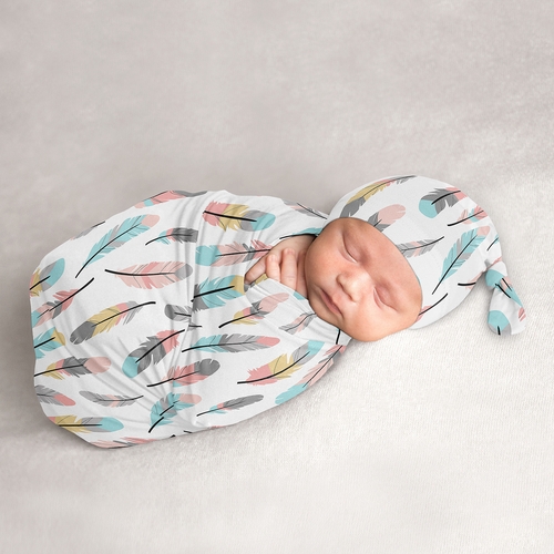 Feather Turquoise and Coral Collection Baby Cocoon and Beanie Hat - 2 Piece Set