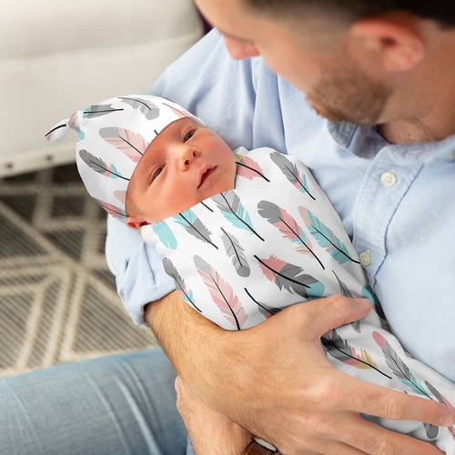 Feather Turquoise and Coral Collection Baby Cocoon and Beanie Hat - 2 Piece Set - alt image 2