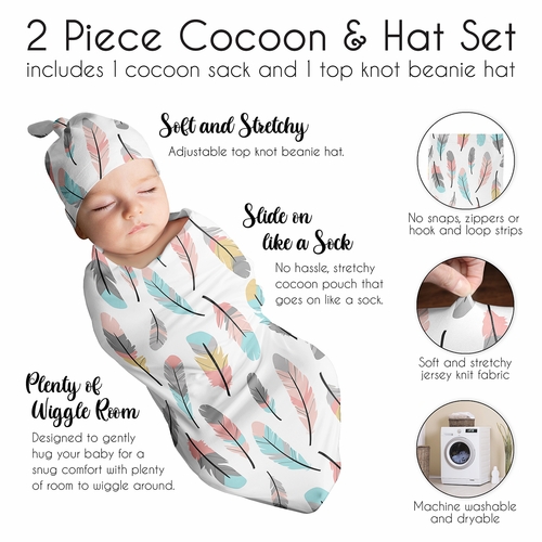 Feather Turquoise and Coral Collection Baby Cocoon and Beanie Hat - 2 Piece Set - alt image 5