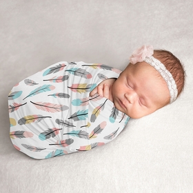 Feather Turquoise and Coral Collection Baby Swaddle Blanket