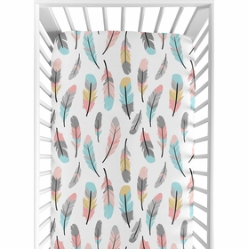 Feather Turquoise and Coral Collection Crib Sheet - Multicolored Feather Print