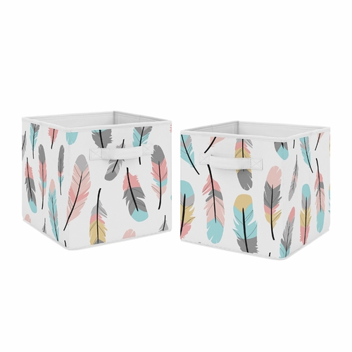Feather Turquoise and Coral Collection Foldable Fabric Storage Bins - Set of 2