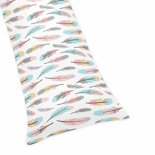 Feather Turquoise and Coral Collection Full Length Body Pillow Cover