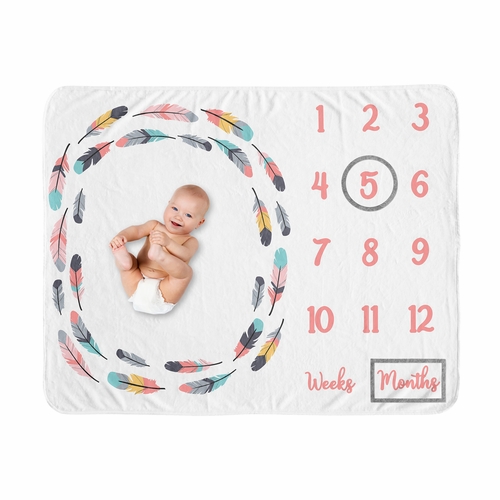 Feather Turquoise And Coral Collection Monthly Milestone Baby Blanket