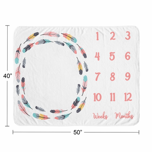 Feather Turquoise And Coral Collection Monthly Milestone Baby Blanket - alt image 3