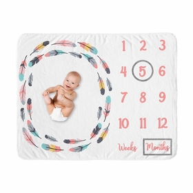 Feather Turquoise And Coral Collection Monthly Milestone Baby Blanket