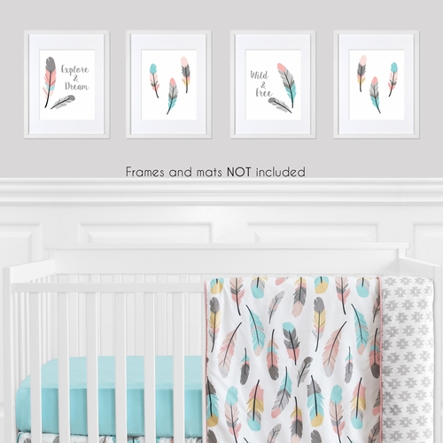 Feather Turquoise and Coral Collection Wall Art Prints - Set of 4 - alt image 1