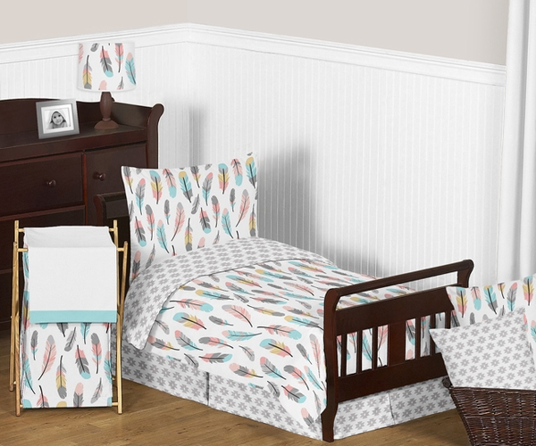 Feather Turquoise and Coral Toddler Bedding Collection