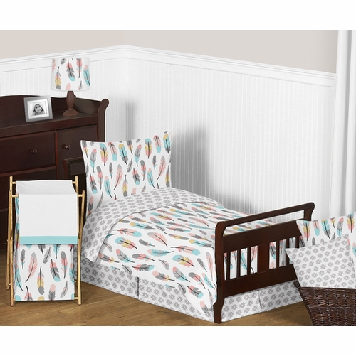 Feather Turquoise and Coral Toddler Bedding Collection