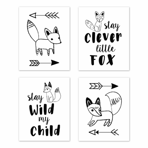 Fox Black and White Wall Art Prints - Set of 4