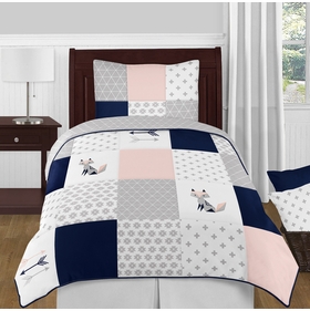Fox Patch Pink and Navy Twin Bedding Collection