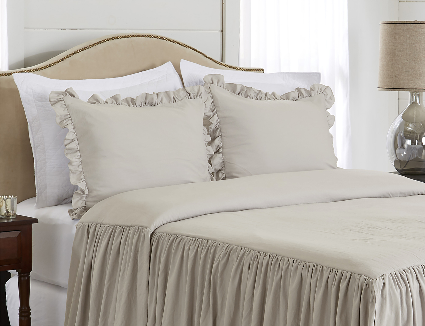 Gathered Bedspread Beige Collection Queen Size Extra Long Bedspread Cover