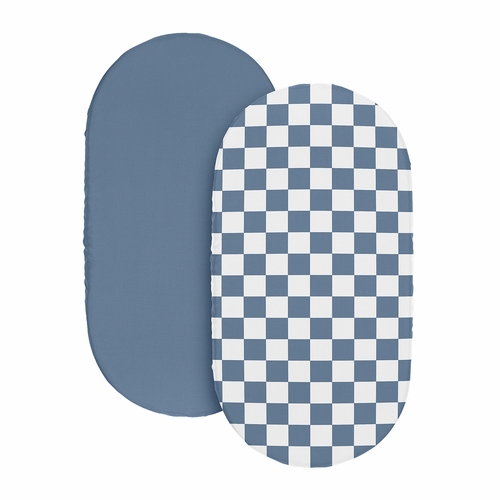 Gingham Checkered Plaid Collection 2 Pack Baby Bassinet Fitted Sheets - Blue and White - alt image 1