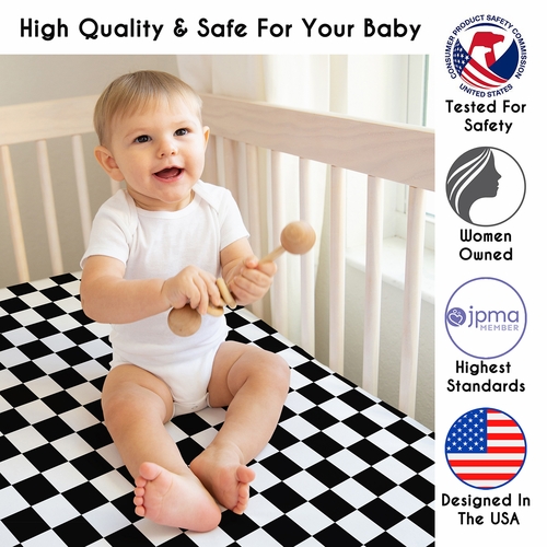 Gingham Checkered Plaid Collection Black and White Crib Sheet - alt image 2