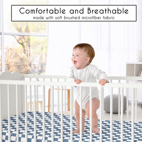 Gingham Checkered Plaid Collection Blue and White Crib Sheet - alt image 1