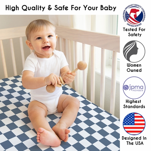 Gingham Checkered Plaid Collection Blue and White Crib Sheet - alt image 2