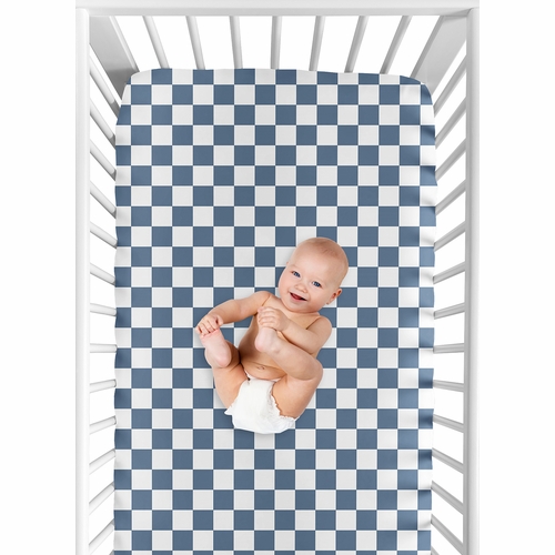 Gingham Checkered Plaid Collection Blue and White Crib Sheet - alt image 5