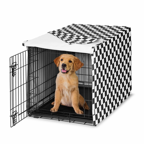 Gingham Checkered Plaid Collection Dog Crate Kennel Cover 36in. - Black and White