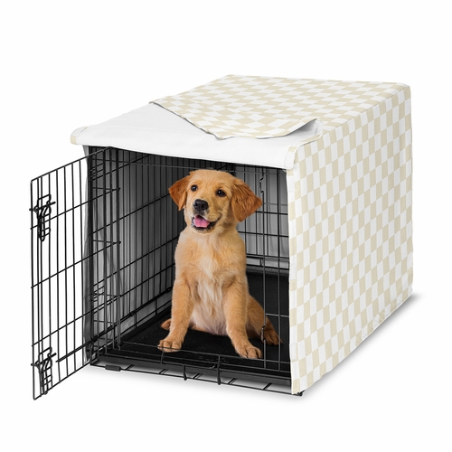 Gingham Checkered Plaid Collection Dog Crate Kennel Cover 36in. - Taupe and White