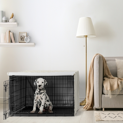 Gingham Checkered Plaid Collection Dog Crate Kennel Cover 36in. - Taupe and White - alt image 1