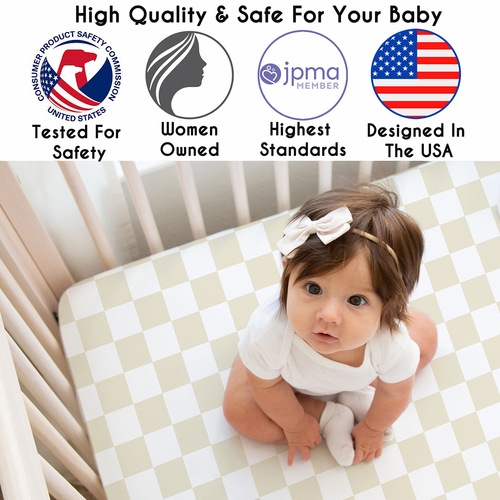 Gingham Checkered Plaid Collection Taupe and White Crib Sheet - alt image 2
