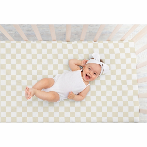 Gingham Checkered Plaid Collection Taupe and White Crib Sheet - alt image 5