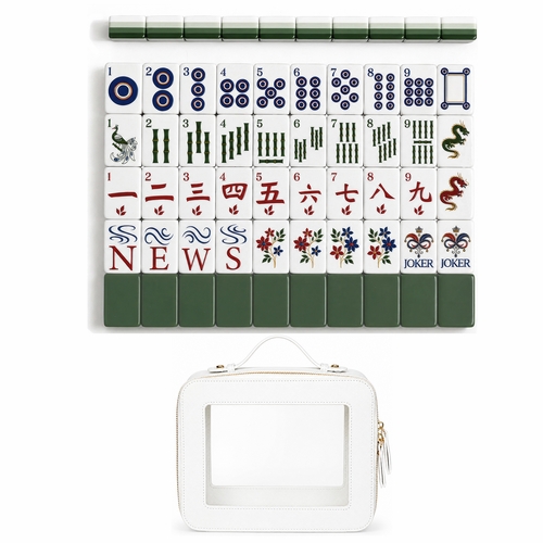 Green Classic Collection American Mahjong Tile Set (160pc) 1.26in. Layered Acrylic with White Faux Leather Travel Bag