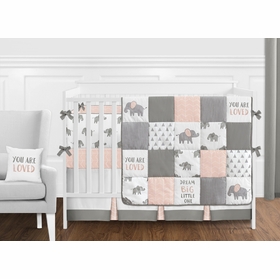 Grey and Blush Pink Elephant 9 Piece Crib Bedding Collection
