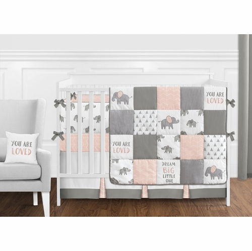 Grey and Blush Pink Elephant 9 Piece Crib Bedding Collection
