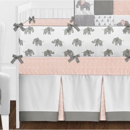 Grey and Blush Pink Elephant 9 Piece Crib Bedding Collection - alt image 2