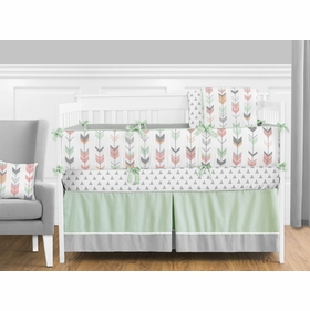Grey, Coral and Mint Mod Arrow 9 Piece Crib Bedding Collection