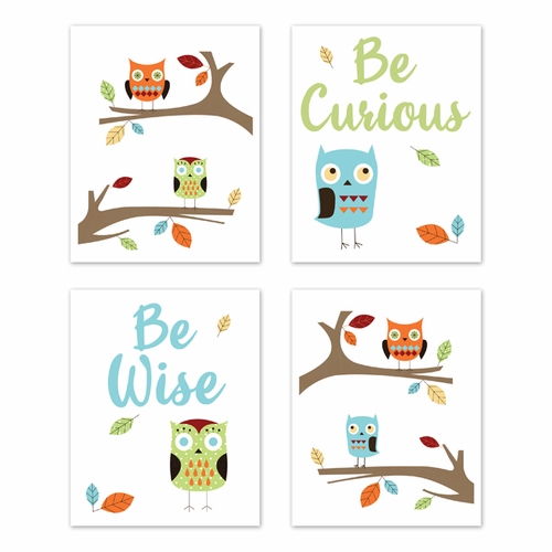 Hooty Turquoise and Lime Collection Wall Art Prints - Set of 4