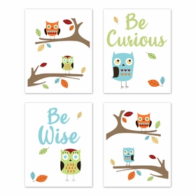 Hooty Turquoise and Lime Collection Wall Art Prints - Set of 4