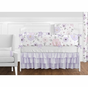 Lavender and Grey Watercolor Floral 9 Piece Crib Bedding Collection