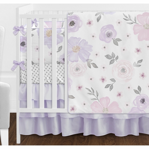 Lavender and Grey Watercolor Floral 9 Piece Crib Bedding Collection - alt image 1