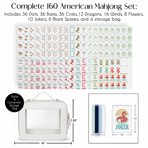 Mint Green Royal Palm Collection American Mahjong Tile Set (160pc) 1.24in. Layered Acrylic with White Faux Leather Travel Bag - alt image 1