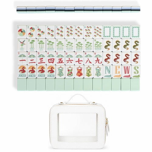 Mint Green Royal Palm Collection American Mahjong Tile Set (160pc) 1.26in. Layered Acrylic with White Faux Leather Travel Bag