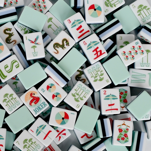 Mint Green Royal Palm Collection American Mahjong Tile Set (160pc) 1.24in. Layered Acrylic with White Faux Leather Travel Bag - alt image 3