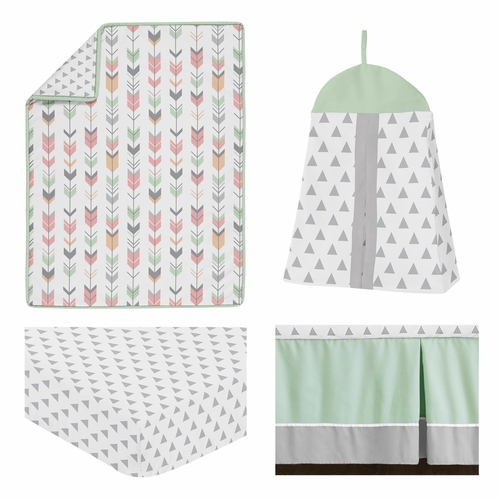 Mod Arrow Grey, Coral and Mint 4 Piece Bumperless Crib Bedding Collection - alt image 1