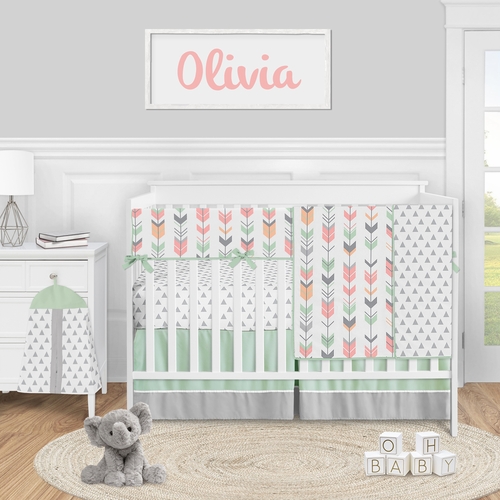 Mod Arrow Grey, Coral and Mint Collection 5 Piece Crib Bedding