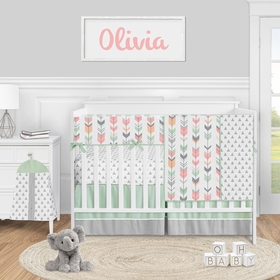 Mod Arrow Grey, Coral and Mint Collection 5 Piece Crib Bedding