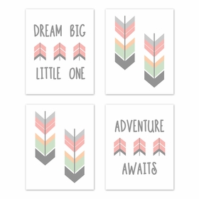 Mod Arrow Grey, Coral and Mint Collection Wall Art Prints - Set of 4