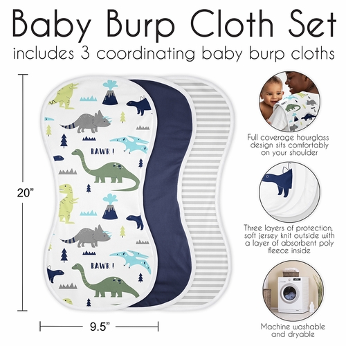 Mod Dinosaur Blue and Green Absorbent Burp Cloths - 3 Pack Set - alt image 5