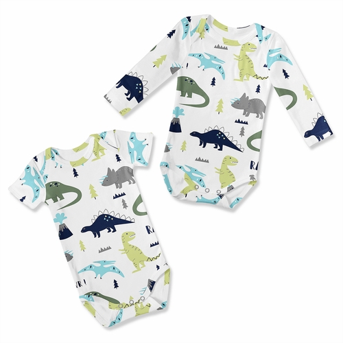 Mod Dinosaur Blue and Green Collection 0-6M Baby Clothes Bodysuits - 2 Pack Set