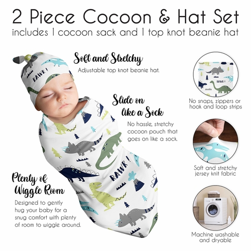 Mod Dinosaur Blue And Green Collection Baby Cocoon and Beanie Hat - 2 Piece Set - alt image 5